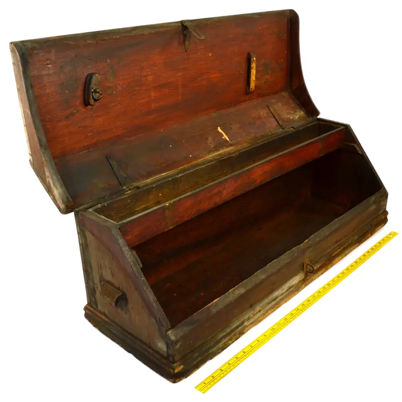 Rare Slope-Front Carpenter’s Toolbox – 38″ Walnut Wood Chest, Unusual 19th-Century Design