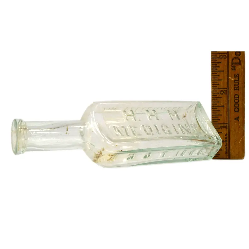 Rare Veterinarian Medicine Bottle — Antique Aqua Glass Vial Marked “H.H.H. Medicine” and “DDT 1868″ (5-3/8”)