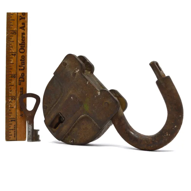Rare Vintage 5″ Iron Padlock with Keyhole Cover & Functional Key – Unbranded