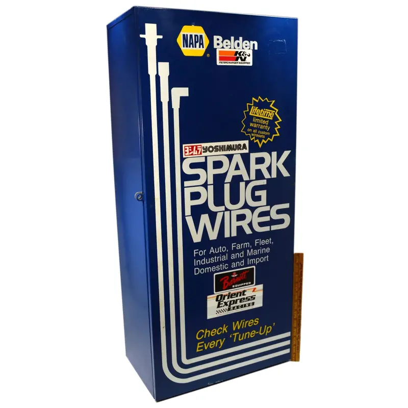 Retro Belden Spark Plug Wires Sign Cabinet — 15″ × 34″ × 9″, Vintage Shop Advertising Display