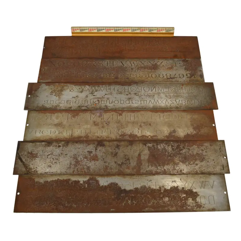 Rusty Cronite Engraving Font Plates – Lot of 6 Industrial-Era Pantograph Templates