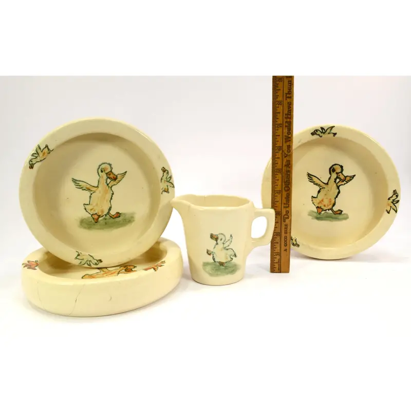 Set of 4 Antique Weller Zona Duck Dishes – Bowls and Cup, c.1920 Baby Tableware
