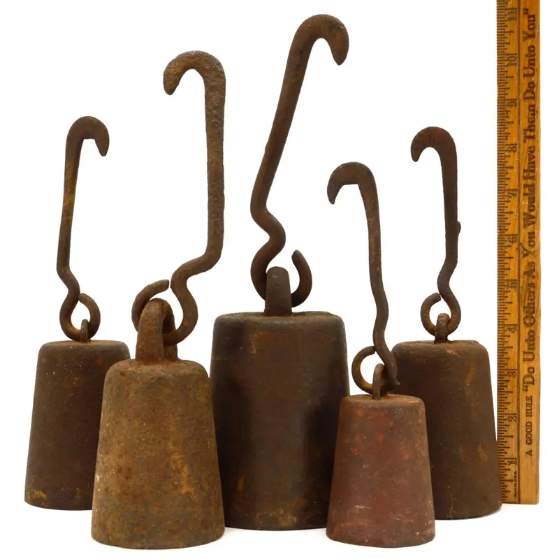 Set of Five Antique Cast Iron Sliding Scale Weights with Hanging Hooks, Totaling 22 Pounds