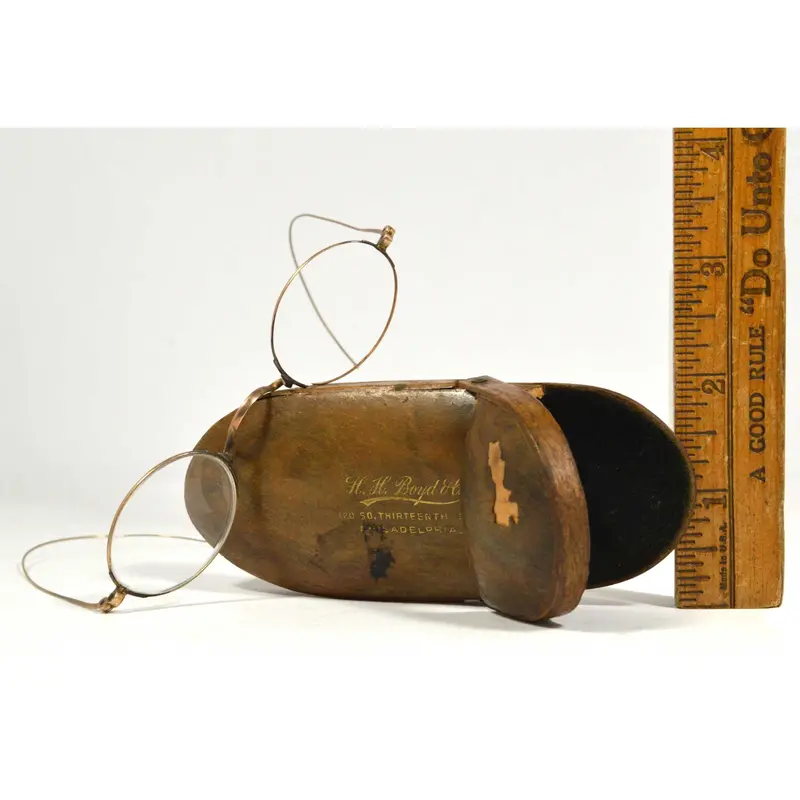 Shaker-Inspired Antique Wooden Eyeglass Case with Vintage Spectacles (Damaged)