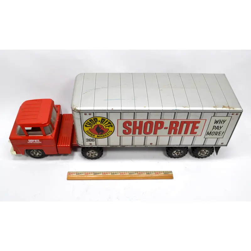 Shop-Rite Pressed Steel Tractor-Trailer Toy — Vintage Grocery Store Semi with Box