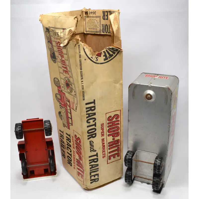Shop-Rite Pressed Steel Tractor-Trailer Toy — Vintage Grocery Store Semi with Box