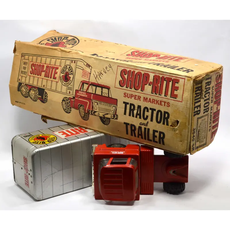 Shop-Rite Pressed Steel Tractor-Trailer Toy — Vintage Grocery Store Semi with Box