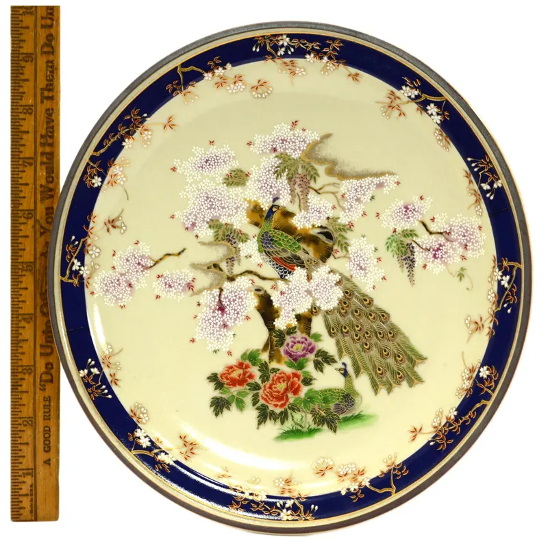 Signed Cloisonné Enamel Peacock Plate – 9.375″ Dogwood Tree Motif with Crazing
