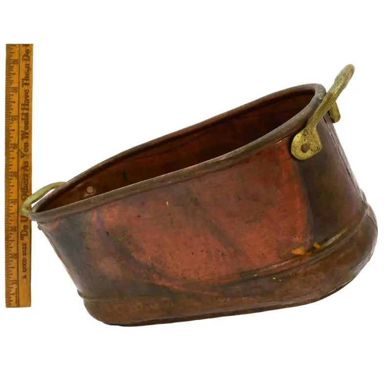 Small Antique Copper Roasting Pot – 10″, Dovetail-Bottom Construction, Brass Handles (No Lid)