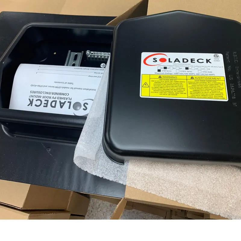 Soladeck Flashed PV Combiner Box — Weatherproof Black Enclosure (Model 799-D)