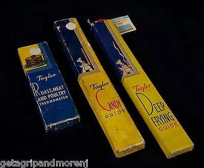 Taylor Lot 3 Thermometer Guide Set – Vintage 1950s Candy, Deep-Fry, and Meat Cooking Aids