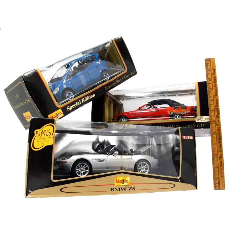 Three 1:18 Maisto Diecast Cars – BMW Z8, 325i Convertible, and Mercedes A-Class