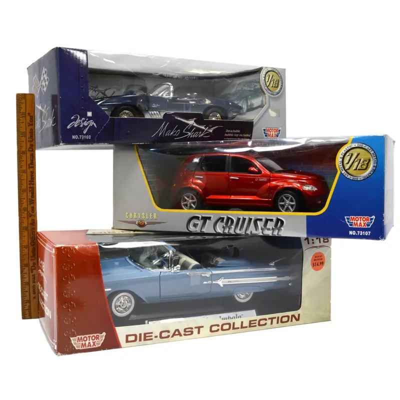 Three 1:18 Motor Max Diecast Cars – 1961 Mako Shark, 1960 Impala GT, and Cruiser