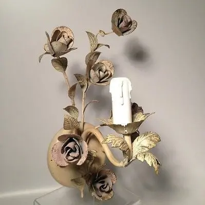 Underwriters Laboratories Vintage Rose Sconces – Pair of Italian-Made Metal Electric Candle Lamps