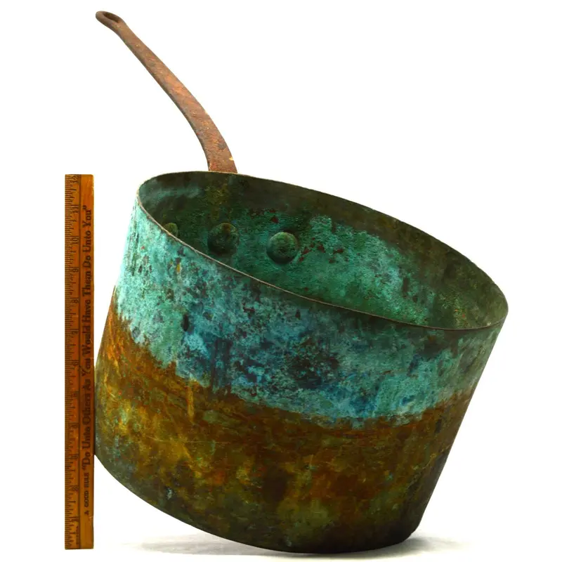 Vintage 4-Gallon Copper Cooking Pot with Cast Iron Handle and Rich Patina