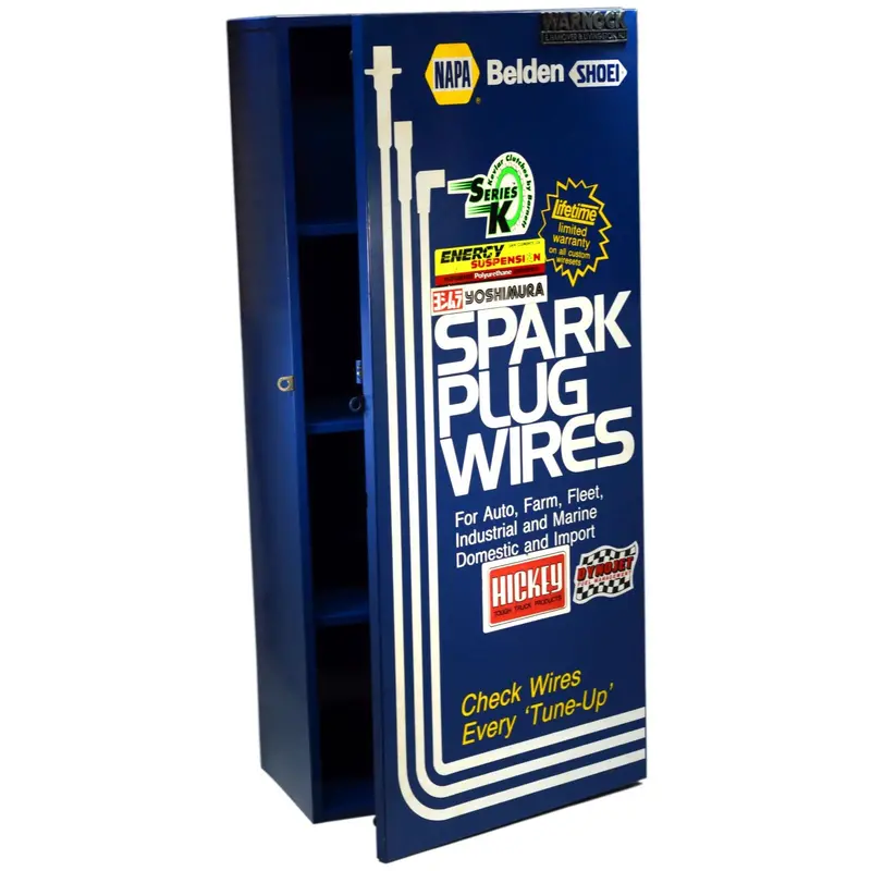 Vintage Belden Spark Plug Wires Metal Advertising Cabinet — 15″ × 34″ × 9″, Garage Display Piece
