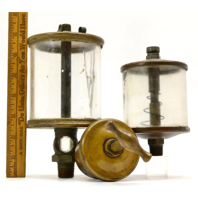 Vintage Brass Oiler Set – Three Pieces: Lunkenheimer No. 6 & 1300, Marine No. 2, plus Cast Mfg Co. Example