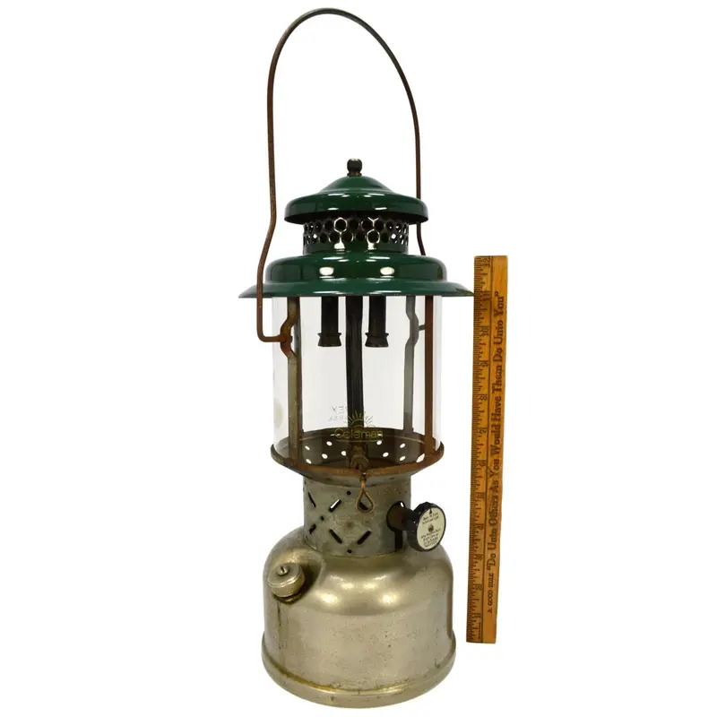 Vintage Coleman 220D Two-Mantle Gas Lantern — Nickel-Plated Body with Green Top, Circa 1950s