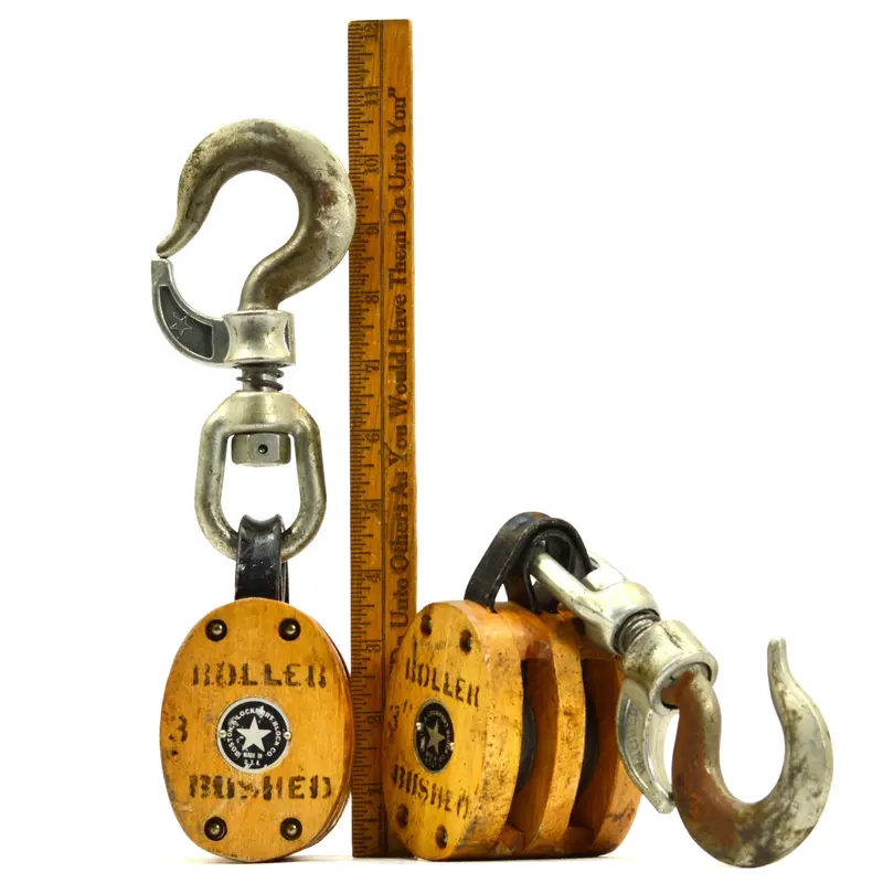 Vintage Double-Wheel Block and Tackle — Pair of Boston & Lockport Boller Bushed #3 Units