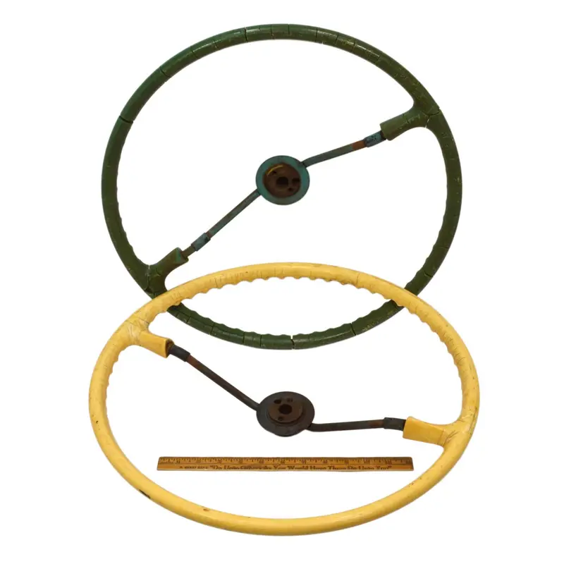 Vintage Farm Tractor Steering Wheels – Lot of 2, Green and Yellow, Steampunk-Ready Industrial Pieces