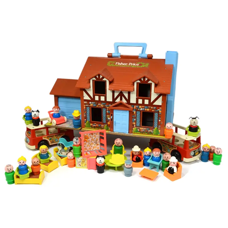 Vintage Fisher-Price Little People House #952 with Buses, Furniture & 23 Figures