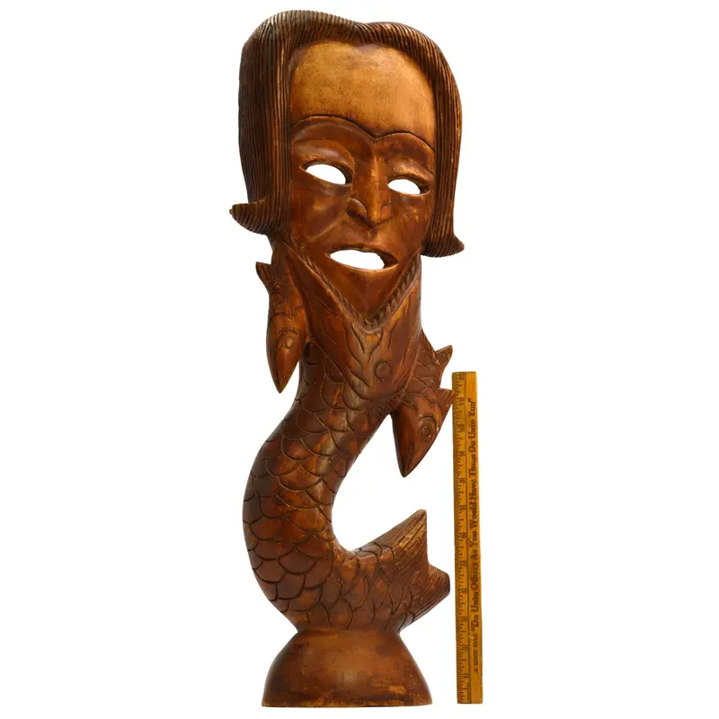 Vintage HAND-CARVED HARDWOOD MERMAN WALL-HANGING 25″ Wood Man/Fish Statue UNIQUE