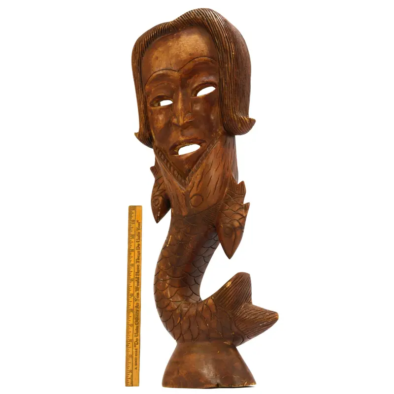 Vintage HAND-CARVED WOOD MERMAN WALL-HANGING 25″ Hardwood Man/Fish Statue UNIQUE
