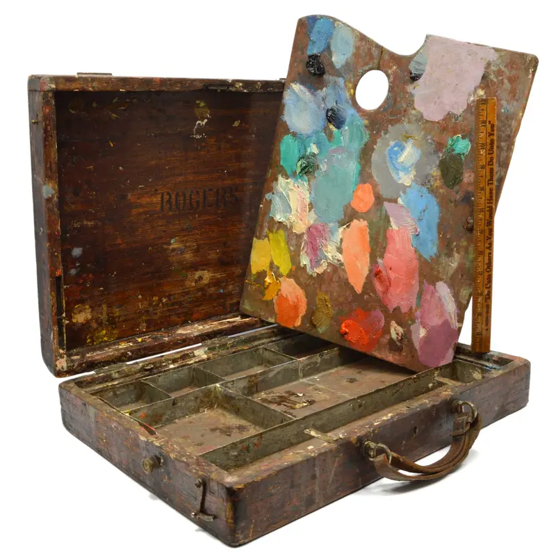 Vintage Hardwood Artist’s Paint Box with Original Painted Palette and Patina