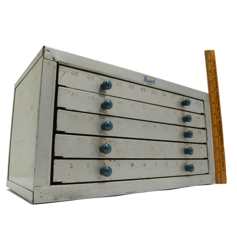 Vintage Huot Drill Bit Index Cabinet – Five-Drawer Metal Organizer with 60 Divided Compartments