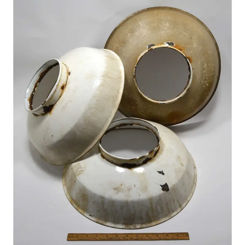 Vintage Industrial Porcelain-Covered Steel Light Shades – Set of Three, Off-White, 16-Inch Diameter