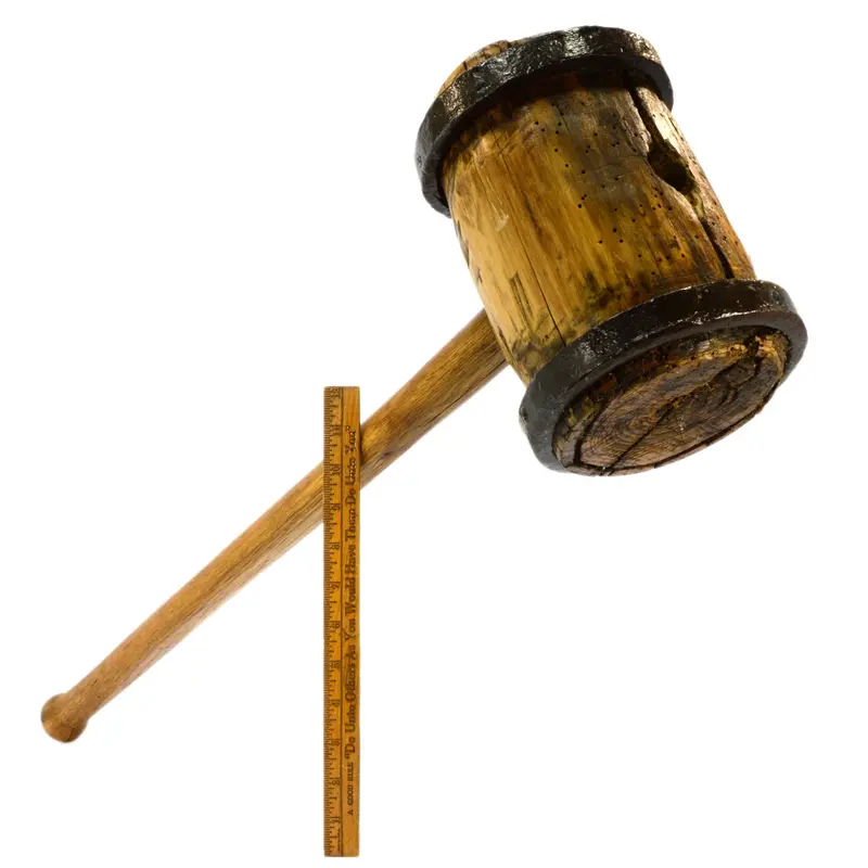 Vintage Iron-Ring-Bound Wooden Mallet – 9 lb, 30″ Sewer Post Maul for Rustic Decor
