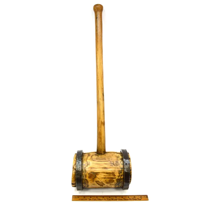 Vintage Iron-Ring-Bound Wooden Mallet – 9 lb, 30″ Sewer Post Maul for Rustic Decor