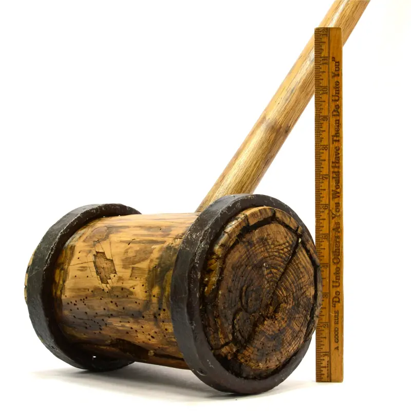 Vintage Iron-Ring-Bound Wooden Mallet – 9 lb, 30″ Sewer Post Maul for Rustic Decor