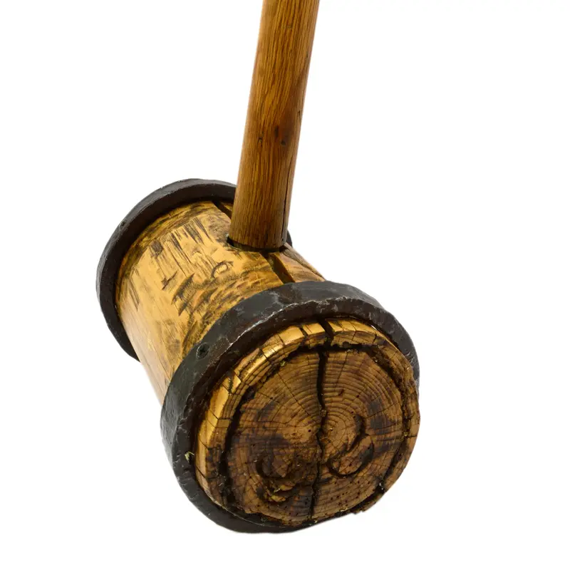 Vintage Iron-Ring-Bound Wooden Mallet – 9 lb, 30″ Sewer Post Maul for Rustic Decor