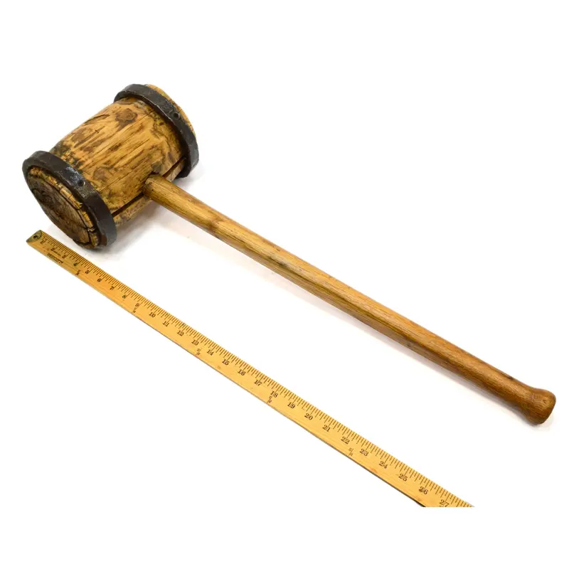 Vintage Iron-Ring-Bound Wooden Mallet – 9 lb, 30″ Sewer Post Maul for Rustic Decor