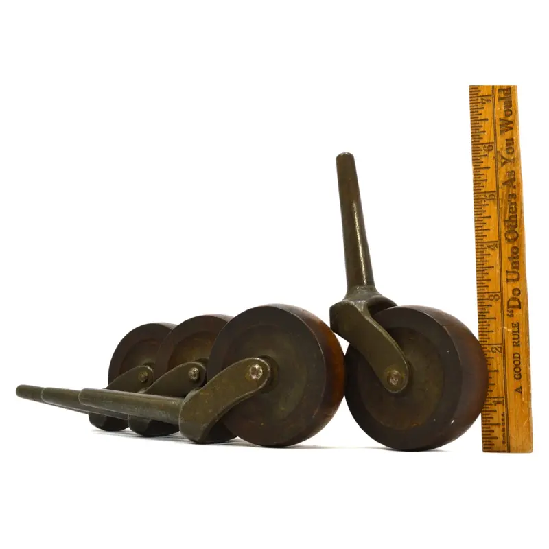 Vintage Iron-Stem Casters — Set of 4 Single-Wheel Wooden Casters (2-5/8″) with Patina