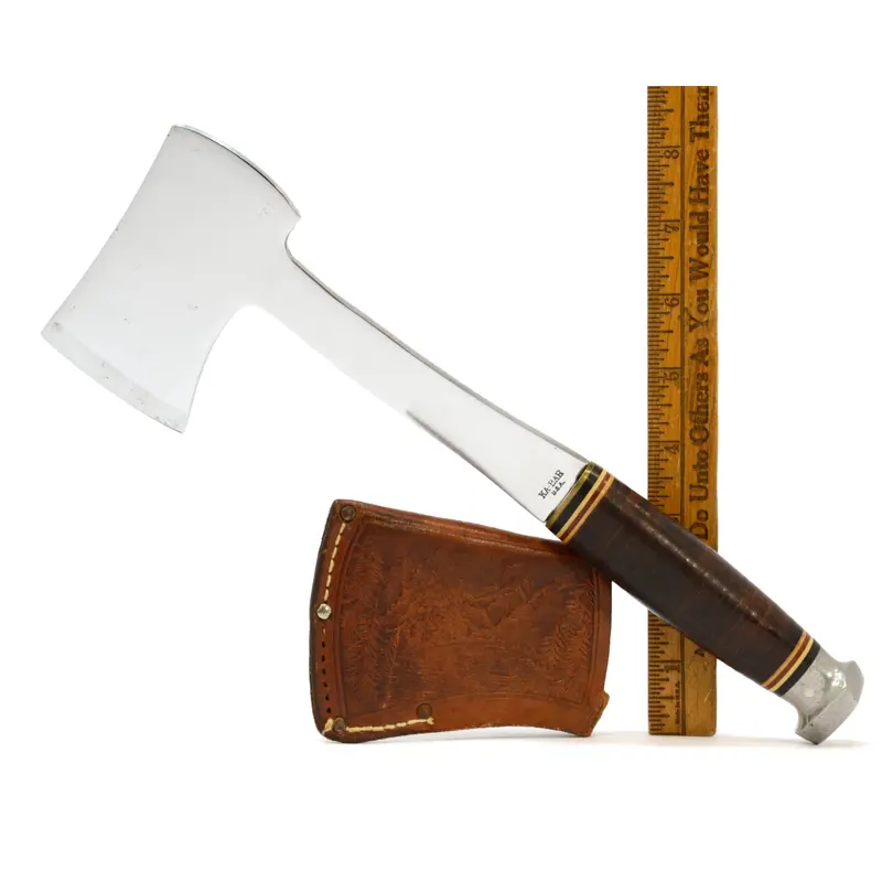 Vintage Ka-Bar Hunting Hatchet with Stacked Leather River Motif Sheath