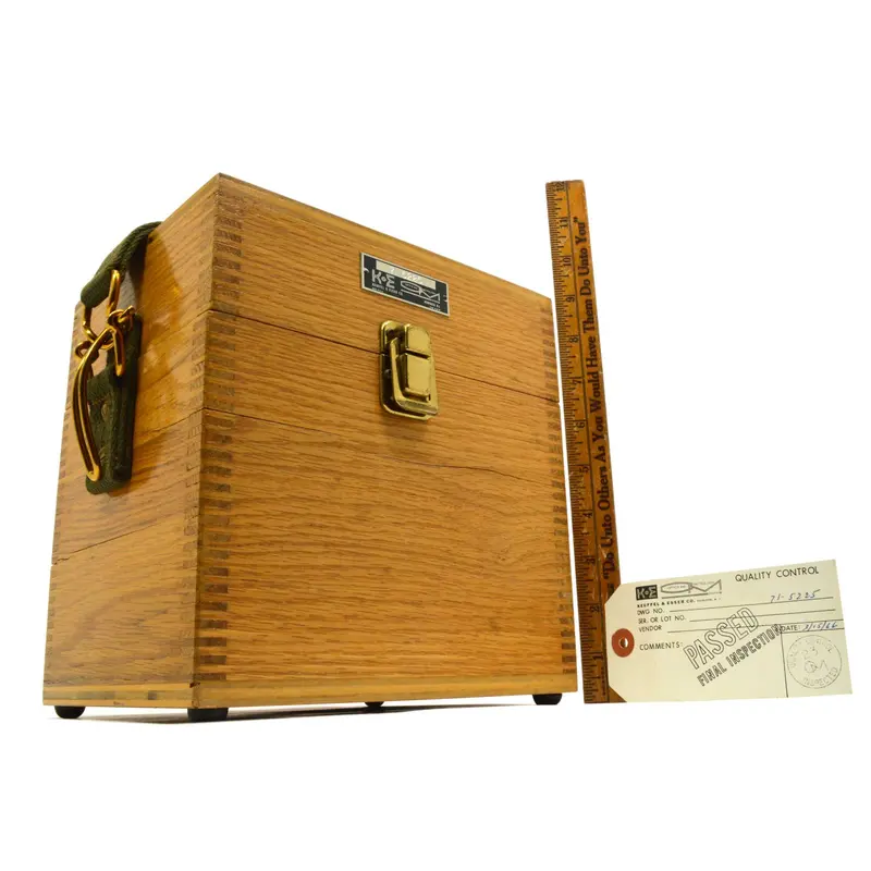 Vintage Keuffel & Esser Wooden Transit Case – Finger-Jointed Wood Box with Original Latch and Leather Strap