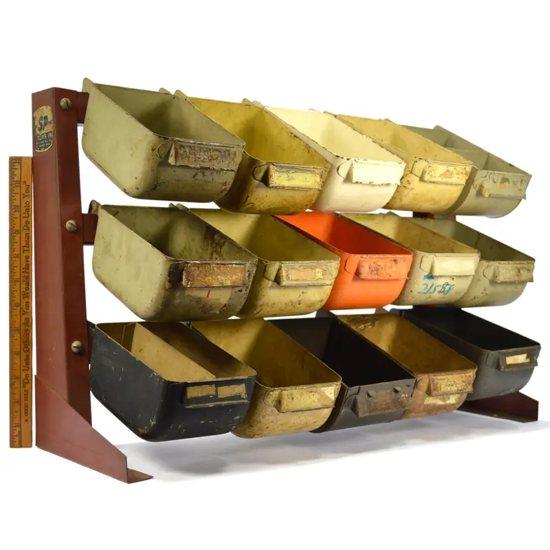 Vintage Metal Parts Storage Rack – SP Systems Inc. 3-Row, 15-Bin Organizer (Detroit, MI)