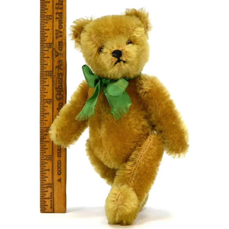 Vintage Mohair Teddy Bear – 7-Inch Jointed Figure with Green Ribbon Bow, Unmarked