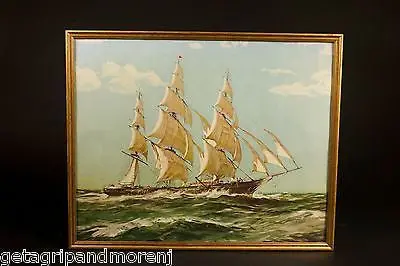 Vintage Sailing Ship Lithograph – Anonymous 1940s Seascape Print, 17.5″ x 21″, Framing-Ready