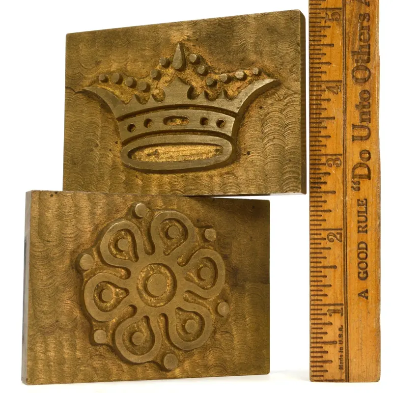 Vintage Solid Brass Letterpress Symbols — Two Printer’s Blocks: Floral Motif and Crown Design