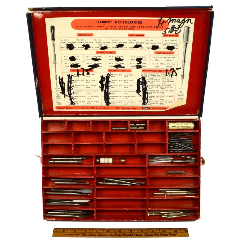Vintage Stanley Yankee Drill Bit Stock Box #4130 — Includes Spiral and Push Bits