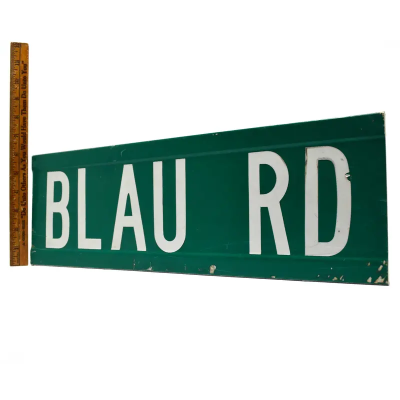 Vintage Steel Road Sign – “BLAU RD”, Green-and-White, 6″ x 18″, Double-Sided