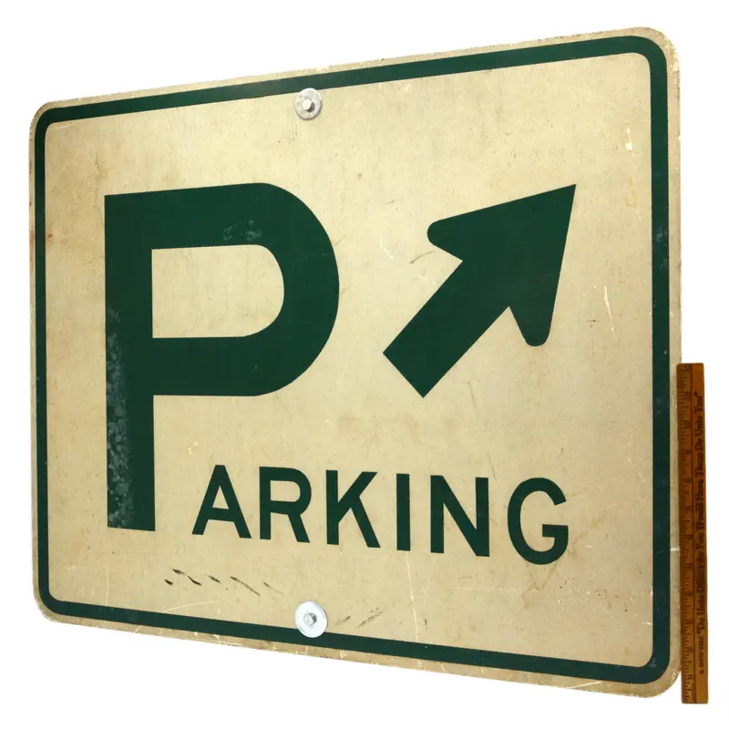 Vintage STEEL ROAD SIGN “PARKING” w/ ARROW (Pointing Up-Right) 24″x30″ MAN-CAVE