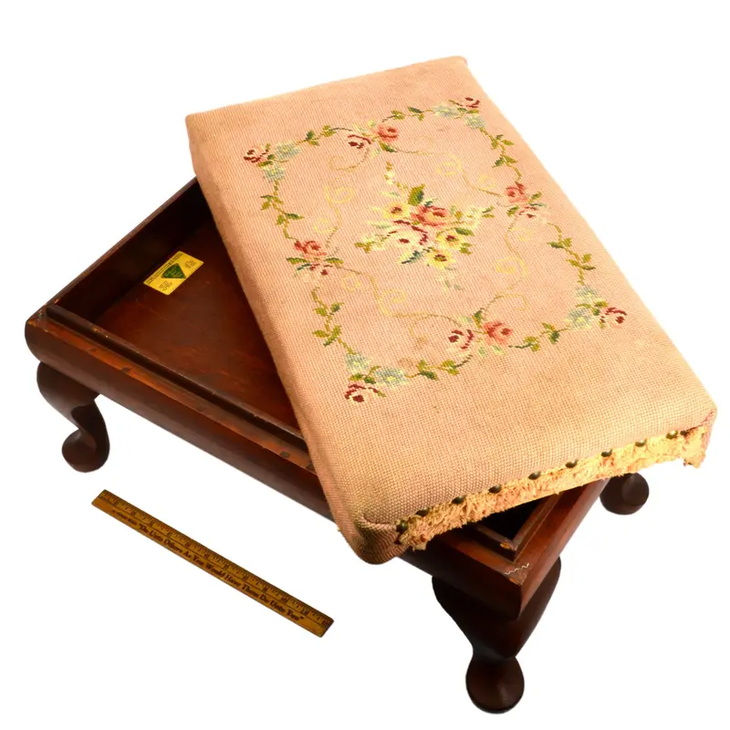 Vintage Streit Slumber Chair Ottoman – Hardwood Footstool with Needlepoint Top