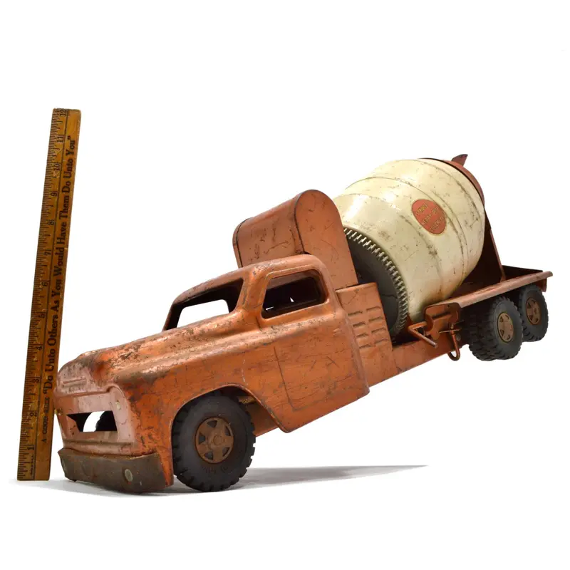Vintage STRUCTO Ready-Mix Cement Mixer Truck – Brown-Gold Finish, Collectible with Condition Notes