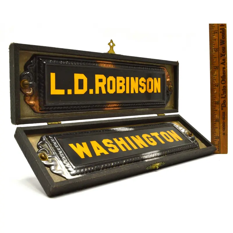 Vintage Tin Nameplates: ‘L.D. Robinson’ and ‘Washington’ – Found in Reclaimed Wood Storage Box