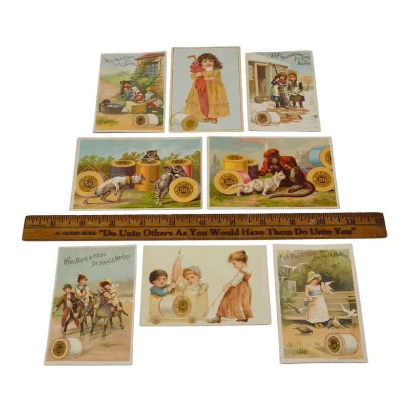 Vintage Trade Card Collection — Eight J.P. Coats Thread Cards with Animal Illustrations