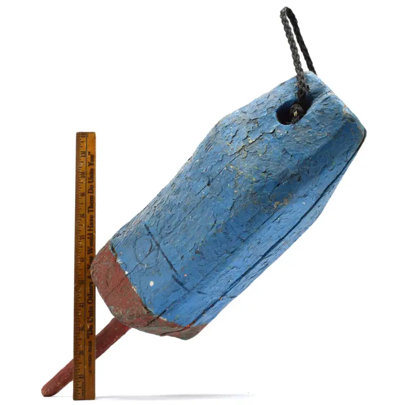 Vintage Wooden Crab Pot Float – Distinctive Blue-and-Red Painted Surface, Rustic Marine Collectible
